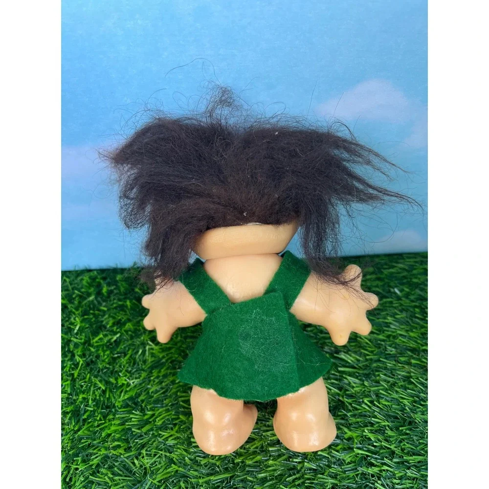 Vintage Thomas Dam Troll Doll Dark Brown Hair Green Felt Dress 3 Inch Figure